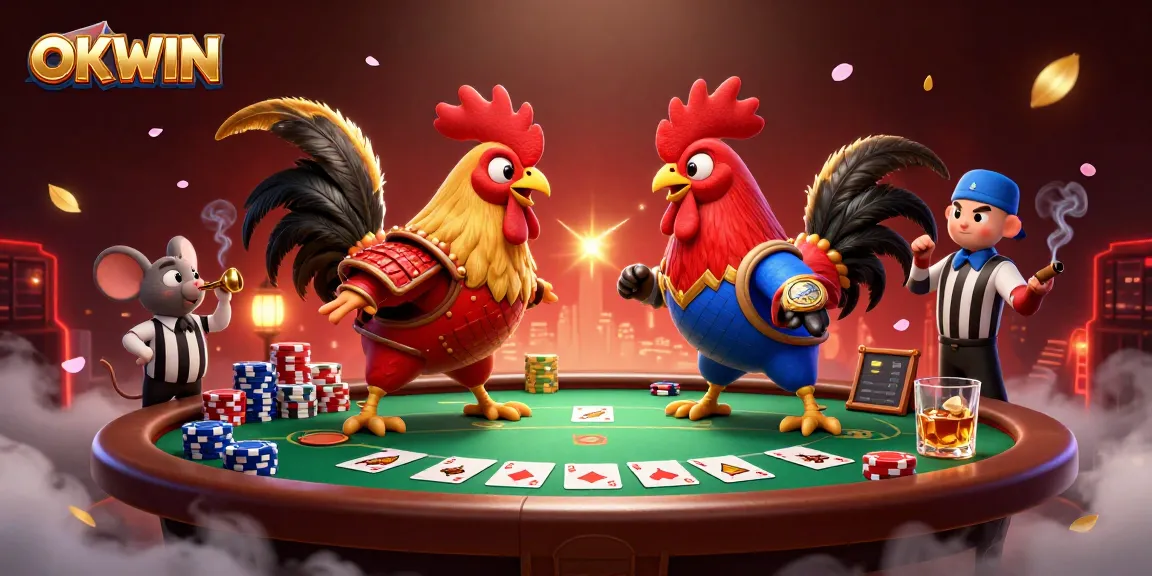Engage in thrilling battles at OKWIN with vibrant 3D cartoon roosters and poker action.