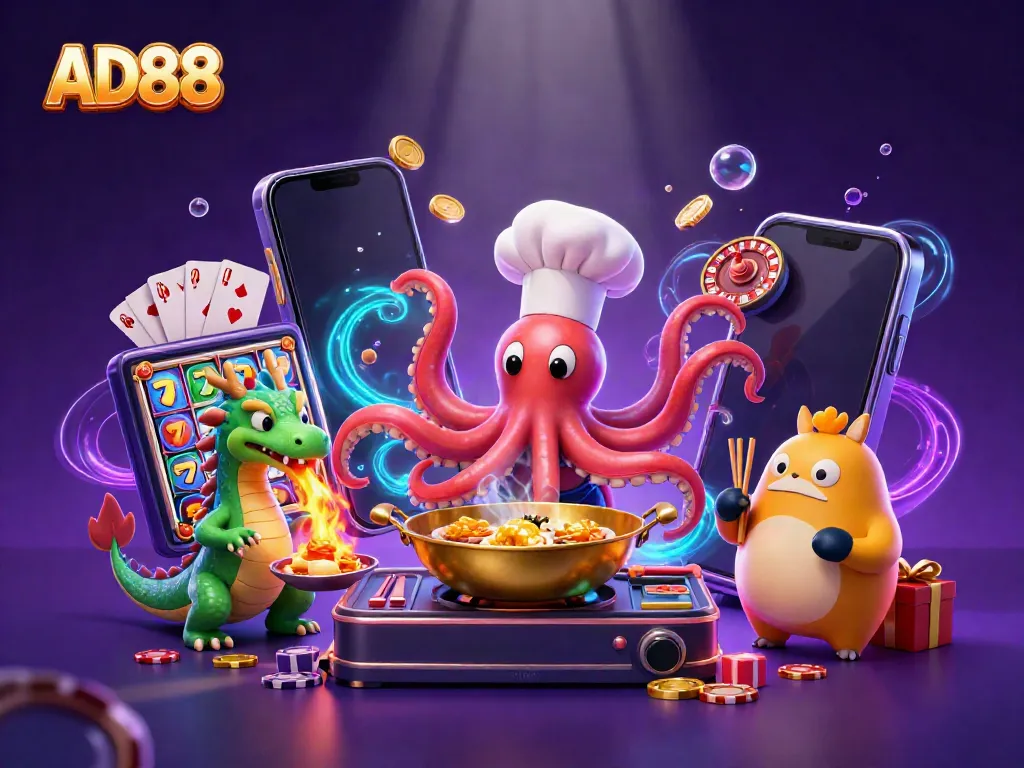 Experience the excitement of AD88 with a vibrant scene featuring a cartoon octopus chef, a dragon, and a tanuki amidst casino elements.