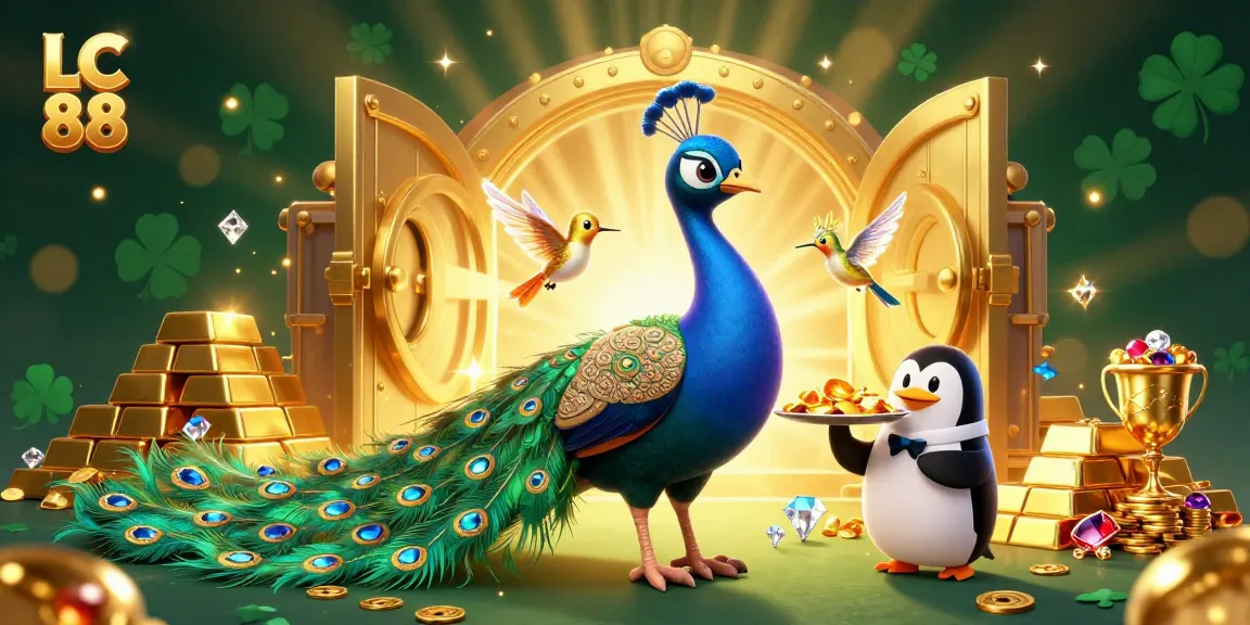 Experience the vibrant world of LC 88 where a charming peacock, butler penguin, and hummingbird celebrate big wins!