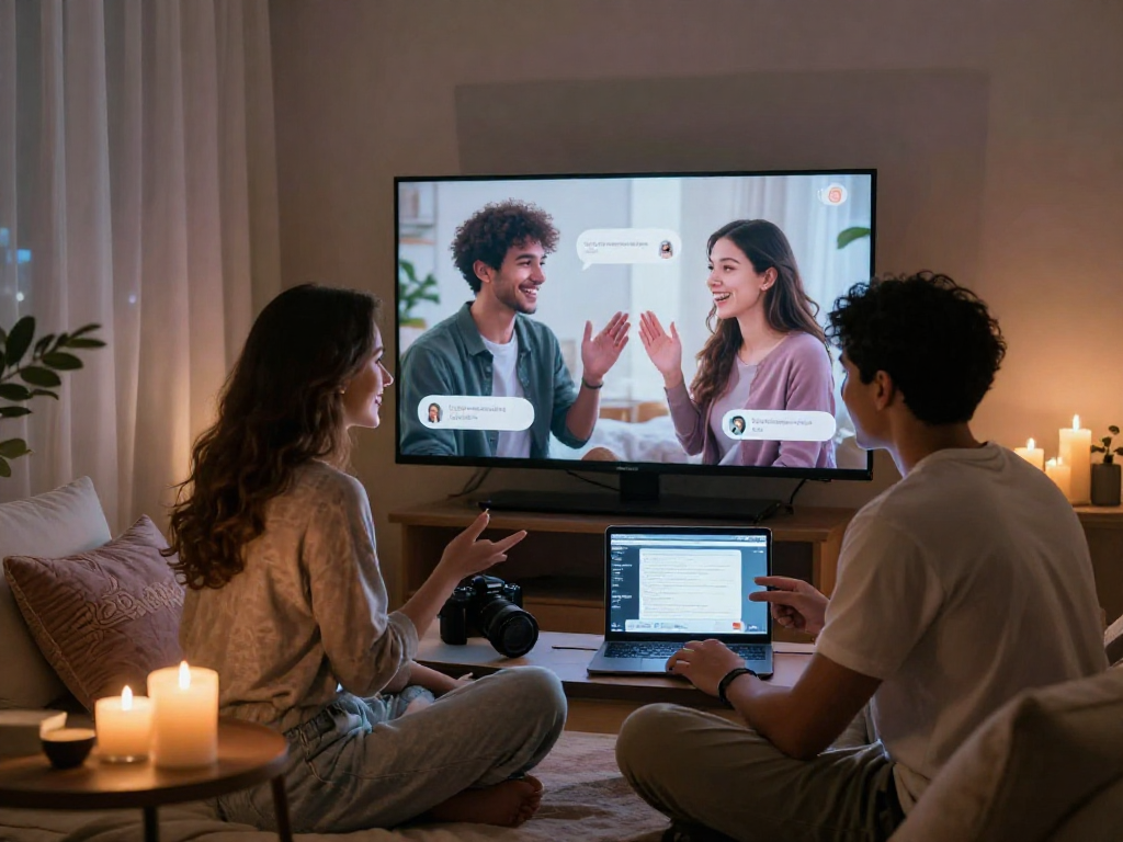Engaging ai porn chat scene with avatars illustrating connection in a cozy room.