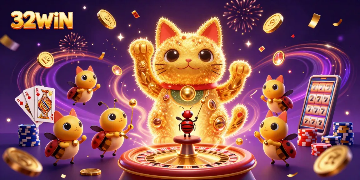 Experience thrilling casino action with the 32WIN lucky cat amidst sparkling gems and casino symbols.