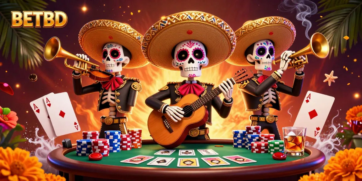 Engage in thrilling betting at BETBD, where colorful 3D mariachi skeletons create an energetic casino scene.