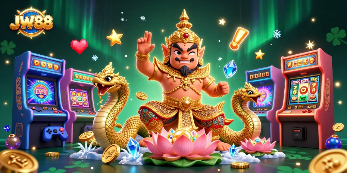 Experience thrilling gaming with JW88's vibrant 3D casino elements in an immersive illustration.