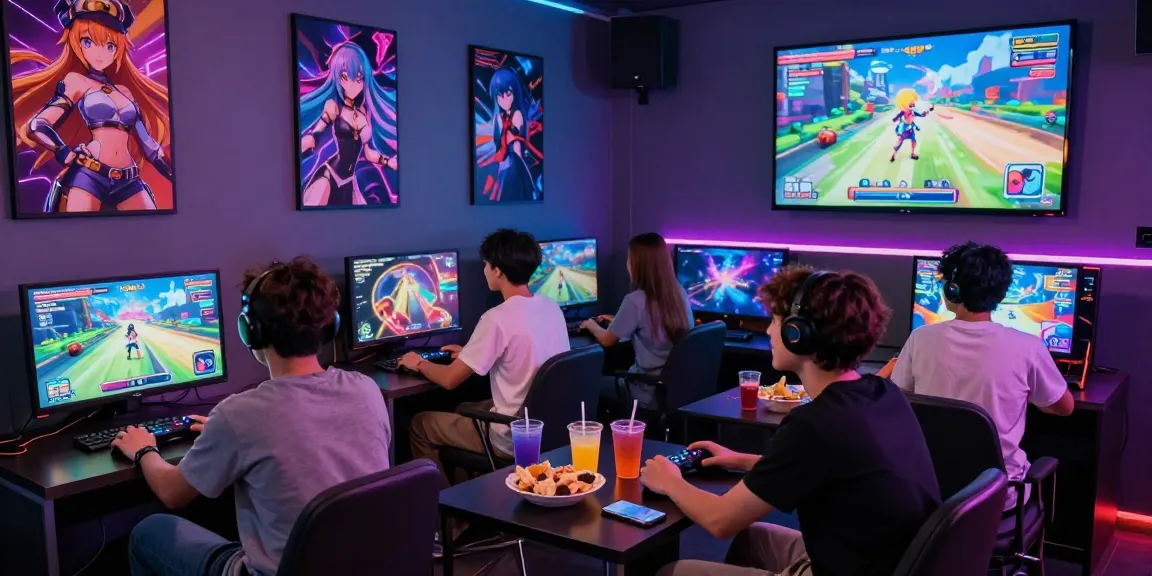 Exciting gaming lounge scene featuring friends playing ecchi games together, vibrant atmosphere with LED lights.