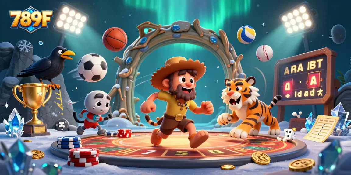 Engage in thrilling casino action with 789F at a vibrant prehistoric setting filled with sports elements.