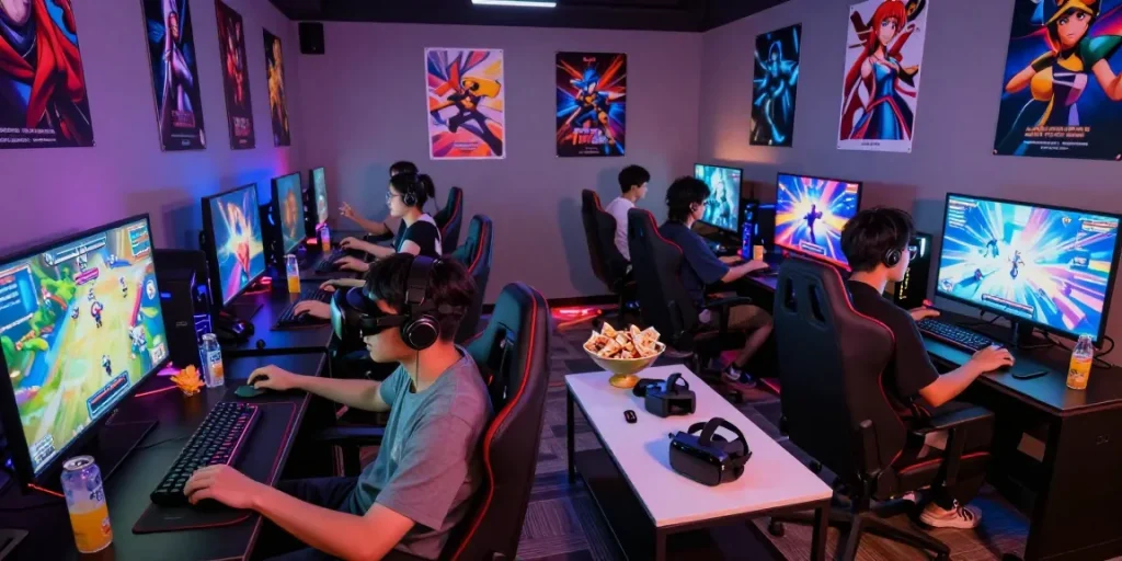 Immersive gaming environment showcasing hentaigames with vibrant lighting, players engaged with consoles and snacks.