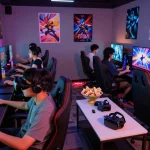 Immersive gaming environment showcasing hentaigames with vibrant lighting, players engaged with consoles and snacks.