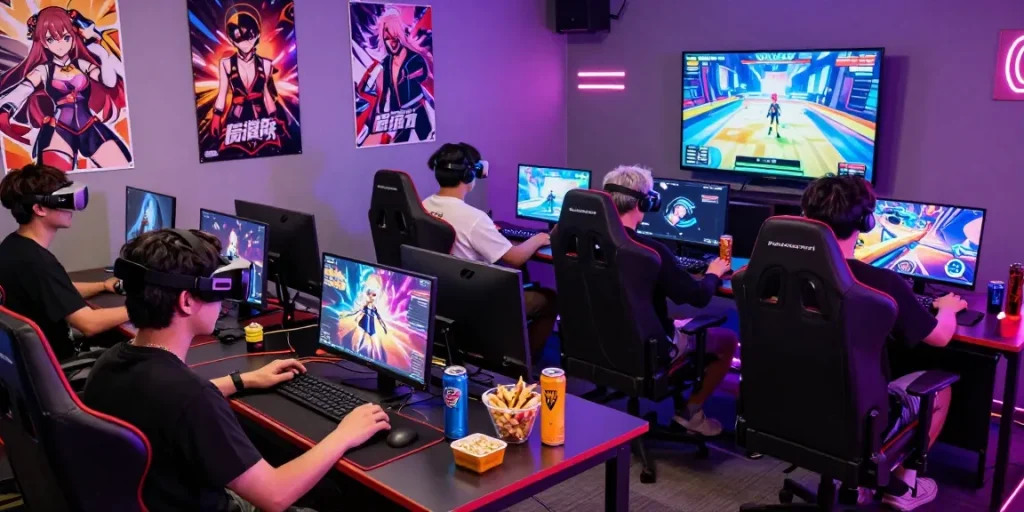 Players engaging with vibrant hentai game graphics in a lively gaming studio.