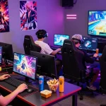 Players engaging with vibrant hentai game graphics in a lively gaming studio.