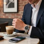 Stylish individual admiring rolex super clone watches in an elegant cafe, surrounded by luxury accessories.