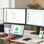 WhatsApp下載 in a modern tech workspace featuring a professional downloading the app on a laptop.