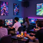 Exciting gaming lounge scene featuring friends playing ecchi games together, vibrant atmosphere with LED lights.