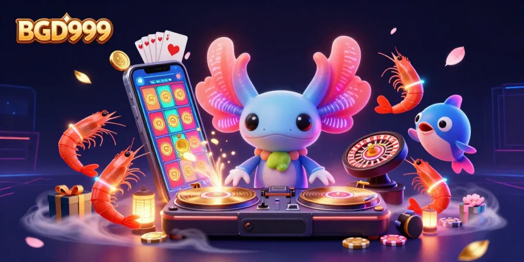 Engage in thrilling gameplay with BGD999, where a neon-colored DJ and friends bring casino action to life!