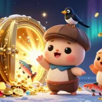 Engage in thrilling play at sunwin20 with vibrant casino elements featuring a cute Nessie, a dynamic treasure scene, and energetic game atmosphere.