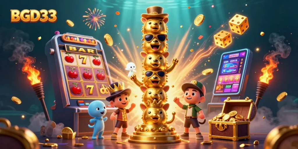 Experience the thrill of BGD33 with vibrant casino games and exciting jackpots in this dynamic 3D illustration.