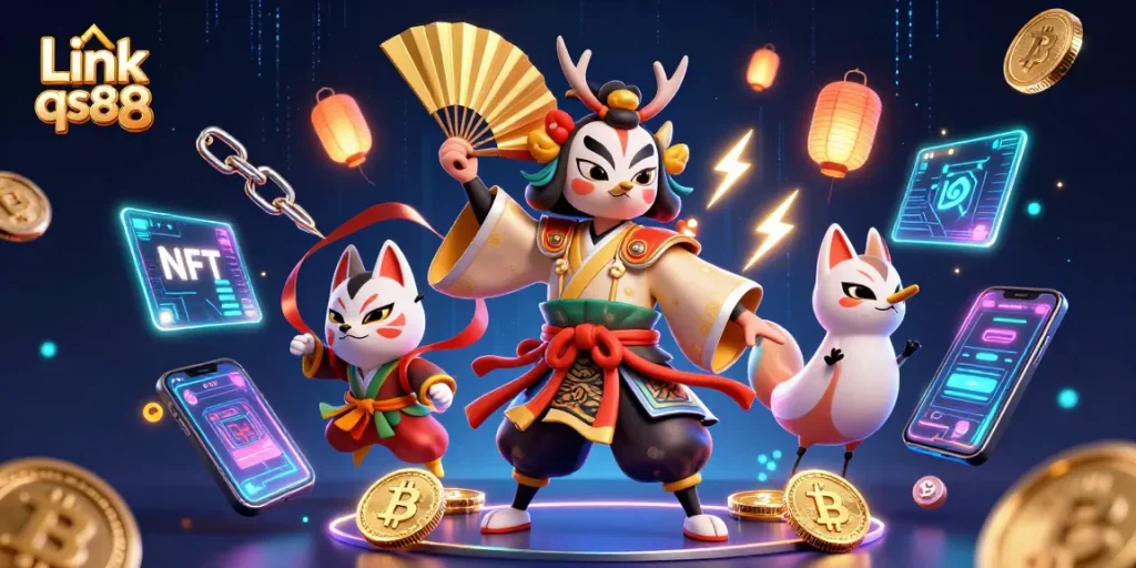 Link qs88 offers an engaging atmosphere with a kabuki warrior and crypto themed elements.