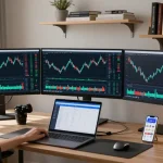 Investigación de fraude criptográfico y análisis de blockchain en una oficina moderna, mostrando gráficos de precios y billeteras digitales.