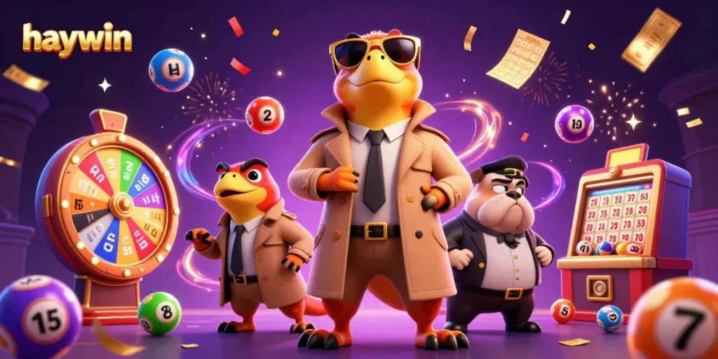 Enjoy a thrilling haywin casino experience with cartoon raptors and colorful lottery elements in action.