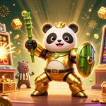 Experience the thrill of qs88 with a golden panda robot battling amidst exploding jackpots and vibrant casino graphics.