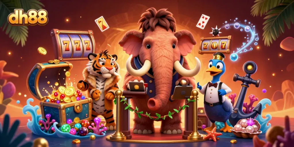 Engage with dh88 features like a woolly mammoth bouncer and VIP guests in a vibrant casino scene.