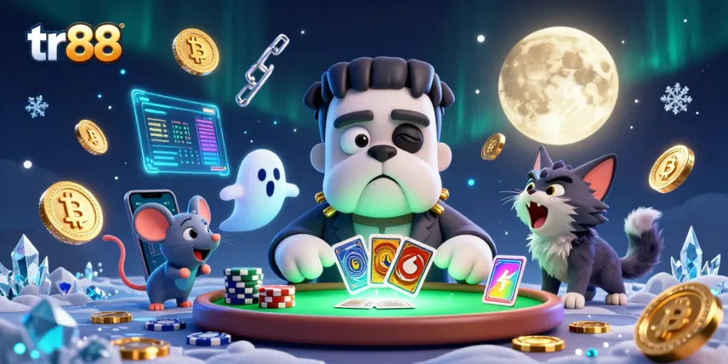 Experience tr88 gaming excitement with a Frankenstein bulldog dealer and festive neon crypto elements.