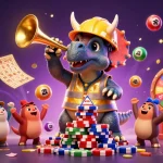 Experience excitement with TR88 as a triceratops builds poker chips amidst a lively casino scene.