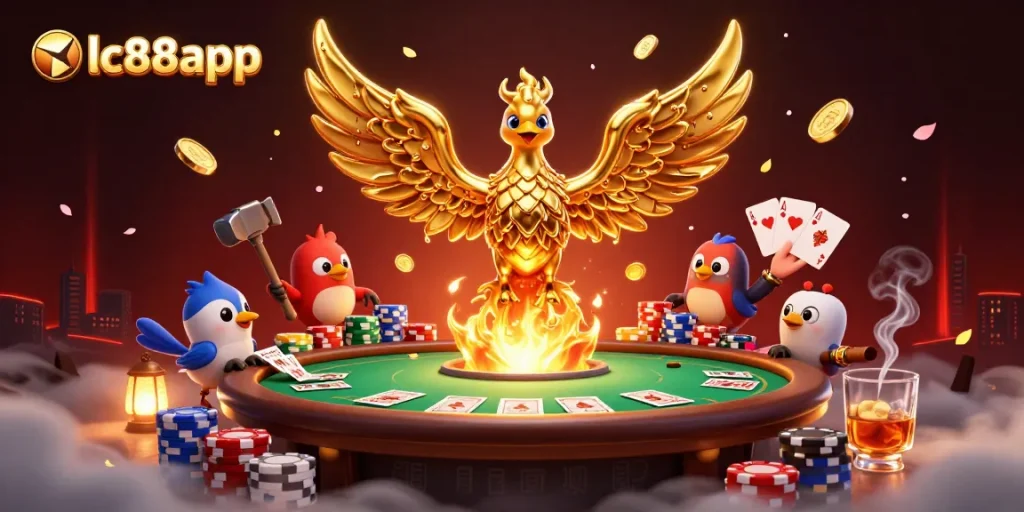 Engage in thrilling gameplay at lc88app, where the golden phoenix emerges amidst poker excitement and rich casino elements.