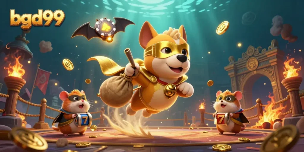 Experience thrilling action with bgd99's superhero dog and hamster in a dynamic casino scene.