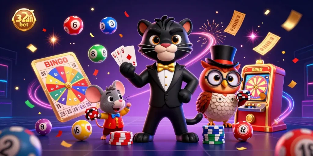 Experience thrilling 32win bet action with a stylish black panther dealing cards amidst vibrant casino elements.