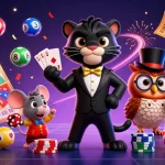 Experience thrilling 32win bet action with a stylish black panther dealing cards amidst vibrant casino elements.