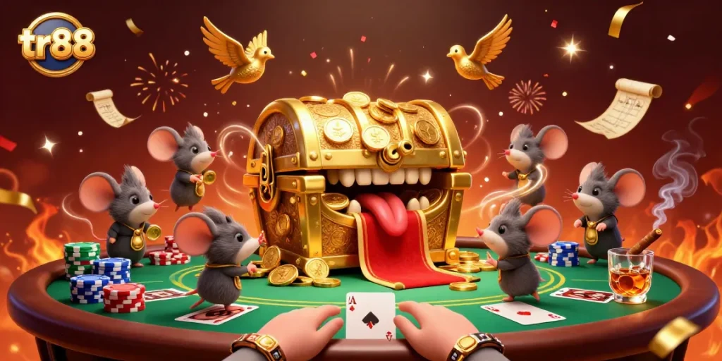 Experience the thrill of winning at tr88 with adventurous treasure chests and poker elements in a vibrant casino setting.