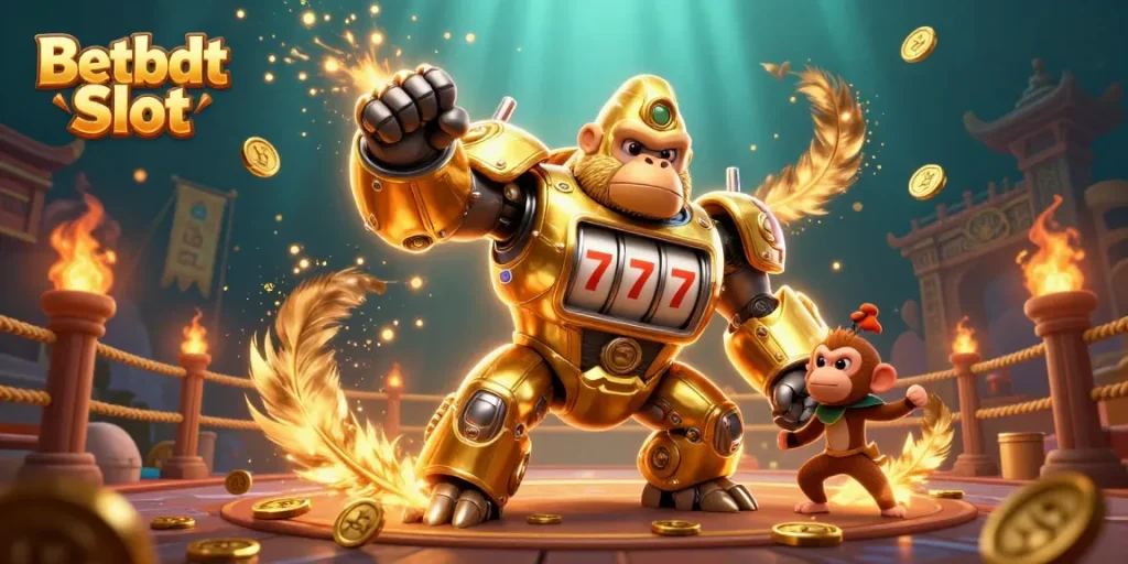 Experience thrilling gameplay with Betbdt Slot, featuring dynamic action from a golden gorilla mech.