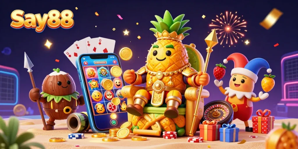 Engage with Say88’s vibrant casino games featuring a lively pineapple king and dynamic gambling elements.
