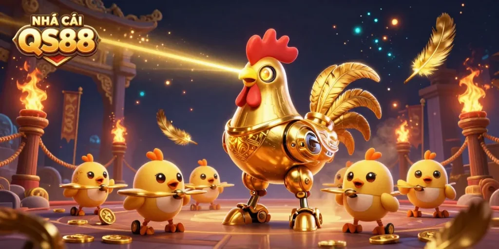NHÀ CÁI QS88 showcases an energetic scene of a golden rooster robot and drones in a vibrant online casino