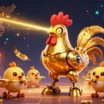 NHÀ CÁI QS88 showcases an energetic scene of a golden rooster robot and drones in a vibrant online casino