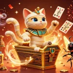 Play slots and win big with ea88 in a vibrant casino scene featuring an Egyptian mummy cat.