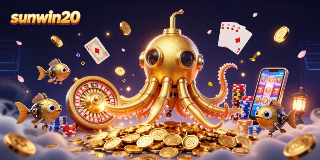 Experience the excitement of sunwin20 with a golden kraken submarine and dynamic casino elements.