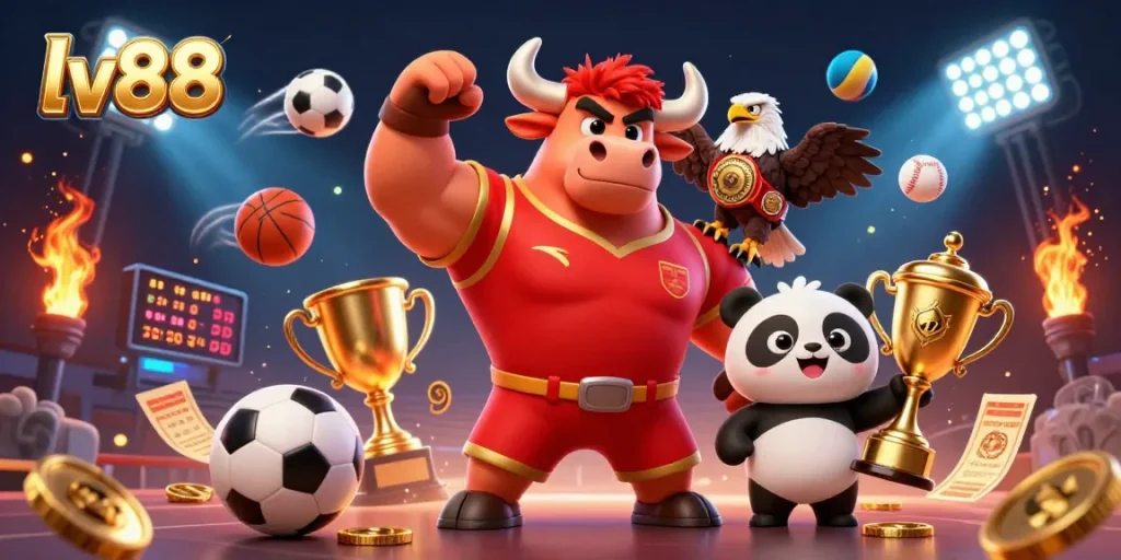 Experience thrilling betting actions with lv88, featuring the energetic bull mascot and dynamic sports elements.